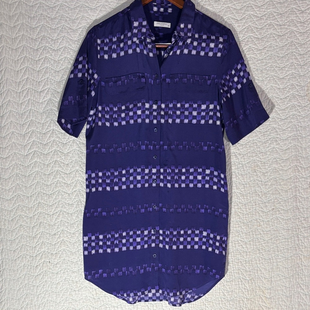 Equipment Purple Checker-Stripe Short Sleeve Button-Down Shirt Dress